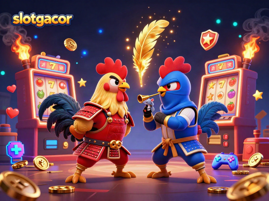 Engage in slotgacor battles as roosters face off amidst vibrant slot machines and dazzling rewards.