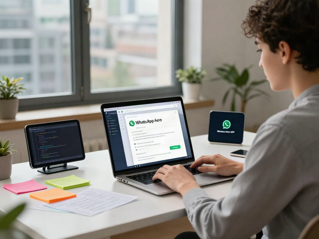 Person using whatsapp aero APK on a laptop in a modern workspace
