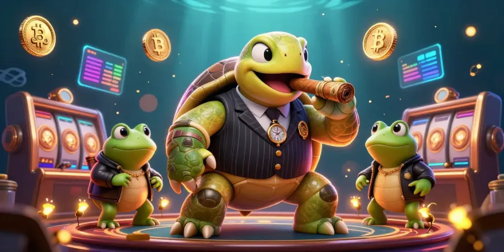 Experience thrilling gaming excitement with ea88's vibrant 3D casino illustration featuring a mobster turtle and bullfrogs.