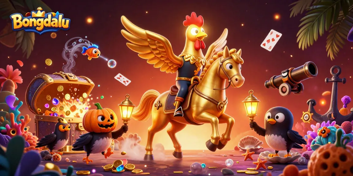 Bongdalu showcases an exciting casino scene with a golden rooster and its glowing head amidst vibrant gambling elements.