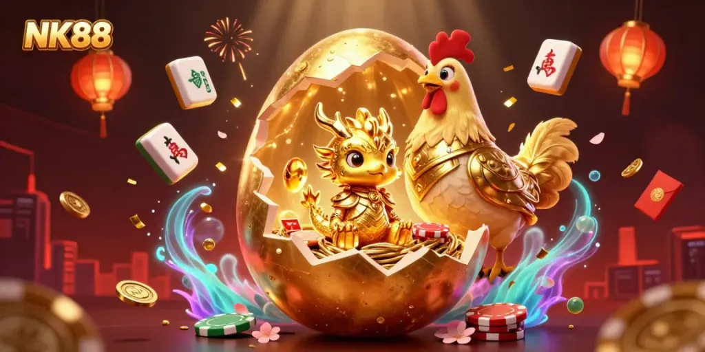 Experience golden gambling thrills with the NK88 baby dragon guarding poker chips amidst vibrant casino elements.