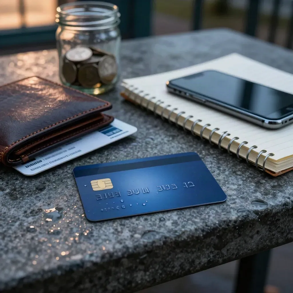 Rain-wet student debit card with wallet, savings jar, phone, transit pass and notebook on dark stone.