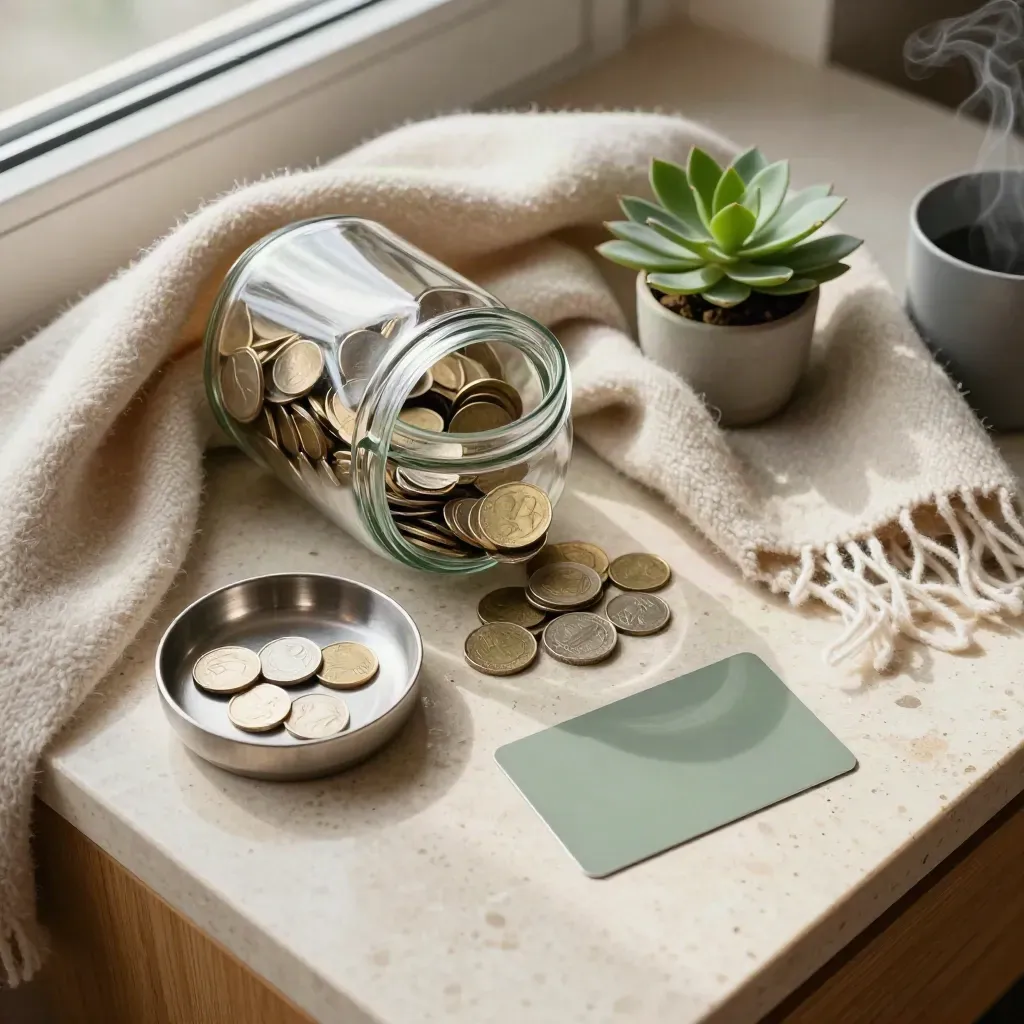 Top-down savings jar, coin bowl, card, scarf and plant on travertine with steam light.