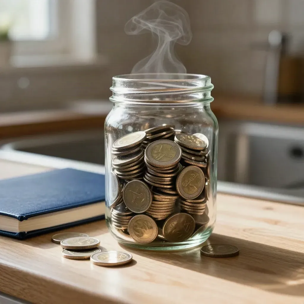 Savings jar with coin stacks and a closed blue notebook on a kitchen counter in morning light.