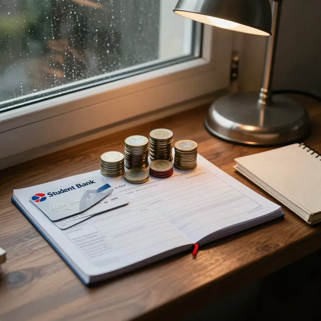 Coins stacked beside a student bank card and small notebook under a warm lamp by a rainy window.