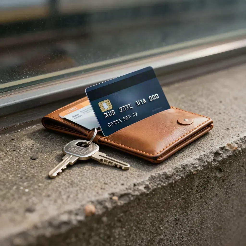 Debit card mid-slide into a slim wallet beside a transit pass and key ring on a concrete ledge.