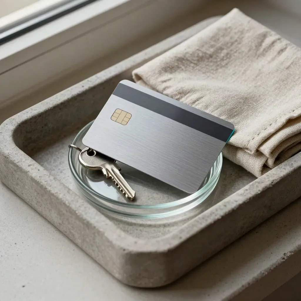 Matte debit card, keys, linen square and glass catchall on a stone tray in soft window light.