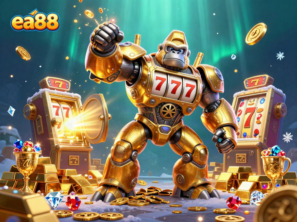 Experience thrilling casino action with ea88 featuring a golden gorilla mech and slot machine elements.