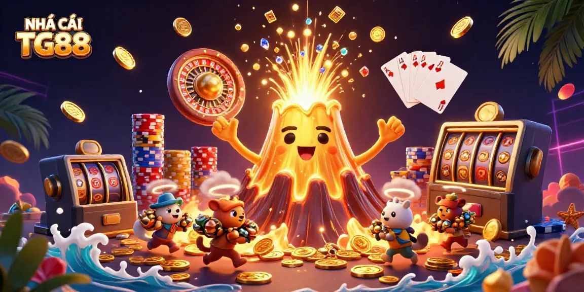 Win big with NHÀ CÁI TG88 in an energetic casino scene featuring treasure and a golden volcano.