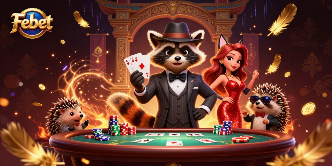 Experience the thrill of poker at Febet with vibrant characters and an energetic casino environment.