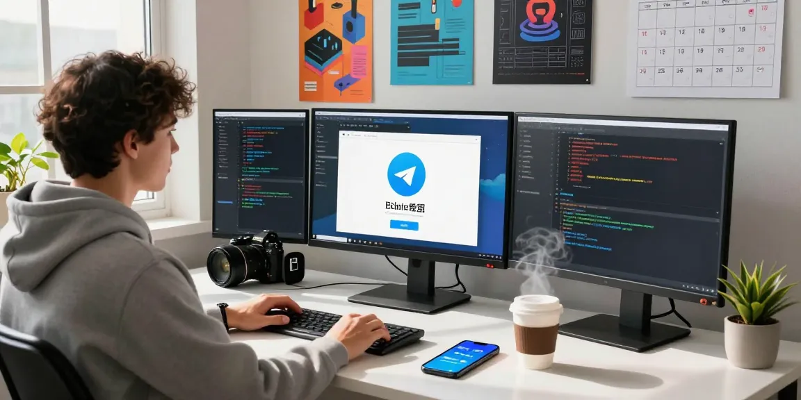 Tech workspace showcasing Telegram Chinese interface on monitors, inspiring productivity.