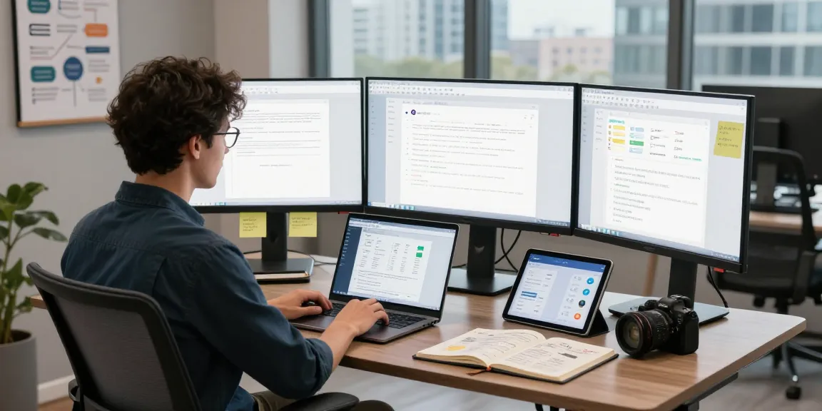 Focused individual using WPS Official Website in a modern office workspace with multiple screens and productivity tools
