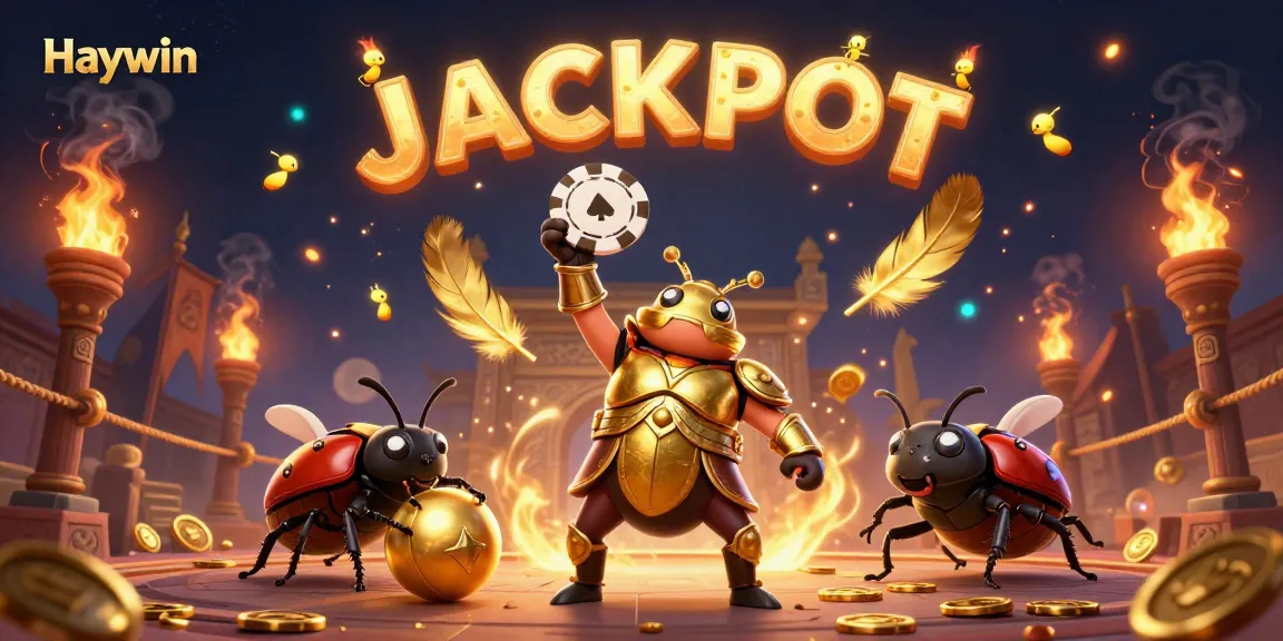 Haywin showcases a triumphant beetle lifting a poker chip symbolizing online gambling victories.