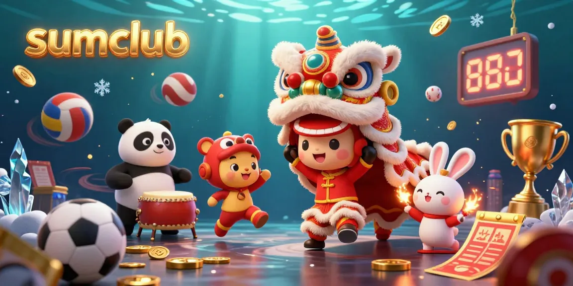 Experience thrilling gaming at sumclub with a vibrant 3D cartoon lion dance and lively festive elements.