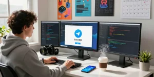 Tech workspace showcasing Telegram Chinese interface on monitors, inspiring productivity.