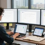 Focused individual using WPS Official Website in a modern office workspace with multiple screens and productivity tools