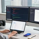 Discover Telegram Download in a dynamic tech workspace showcasing a professional using Telegram on multiple devices.