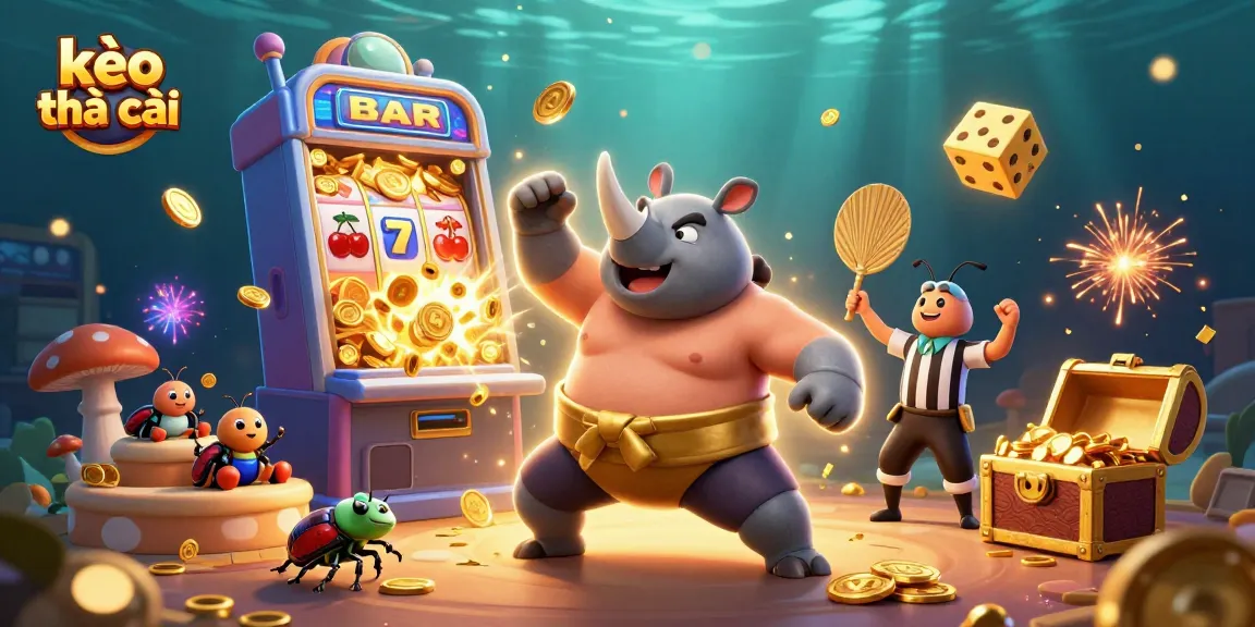 Experience the thrill of kèo nhà cái with a vibrant 3D scene showcasing a beetle champion and dynamic casino elements.